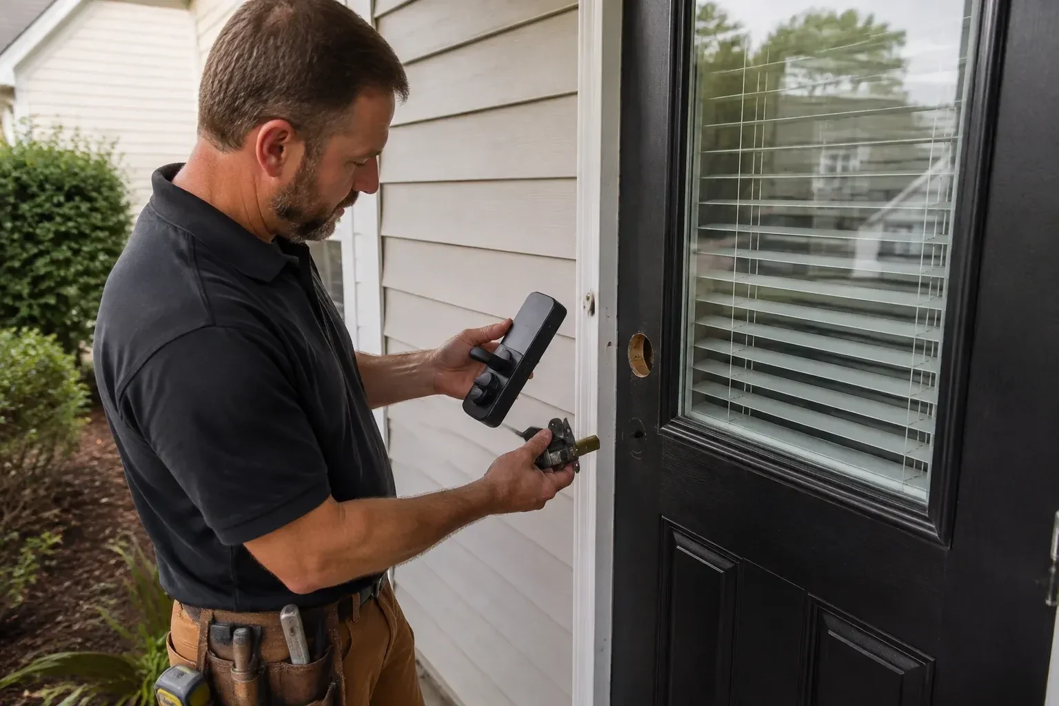 Person holding a black door-handle assembly and a latch beside a glazed door with exposed lock openings. — Smart Lock Installation, Mississauga