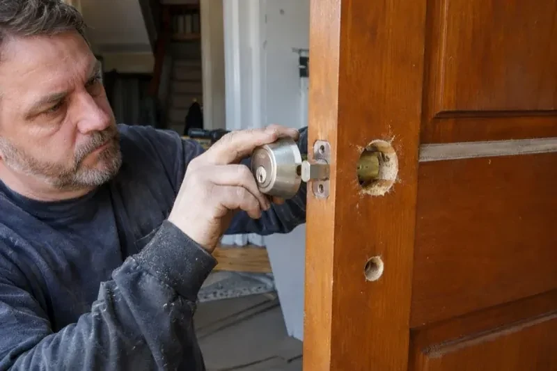 Person holding a silver-colored lock beside an open wooden door with exposed circular holes and a latch at its edge. — Deadbolt Installation, Mississauga