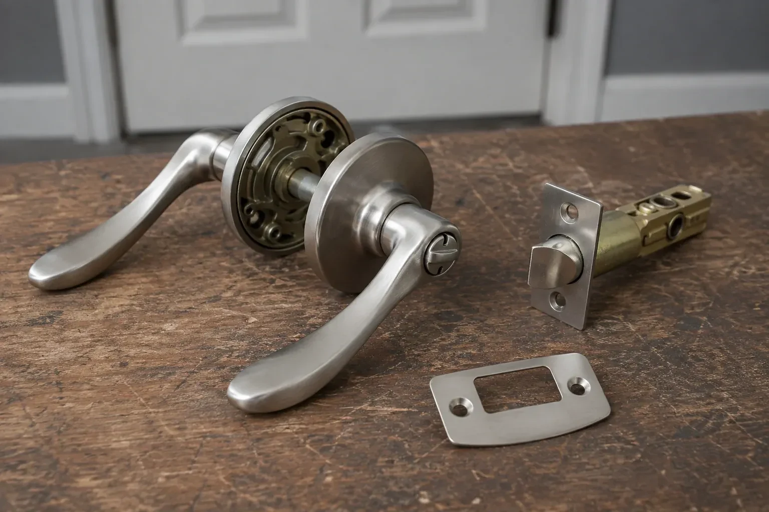 Detached satin-nickel lever hardware, tubular latch and strike plate on a wooden workbench. — Lock Replacement & Upgrade, Mississauga