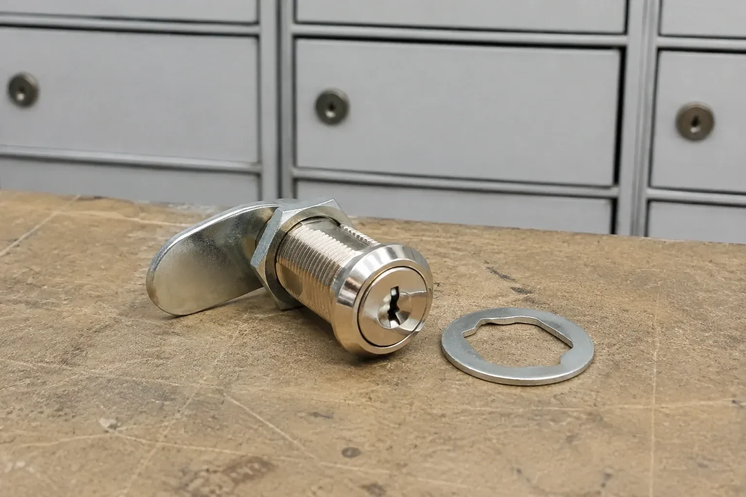 Detached threaded cam lock and mounting washer on a workbench in front of closed mail compartments. — Mailbox Lock Replacement, Mississauga