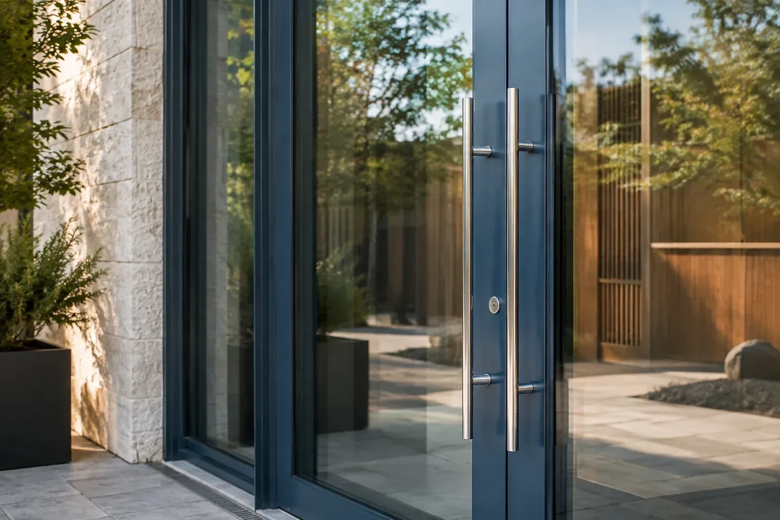 Dark-framed glass entrance doors with long silver-colored vertical pull handles and a round keyhole. — Business Lockout Service, Mississauga