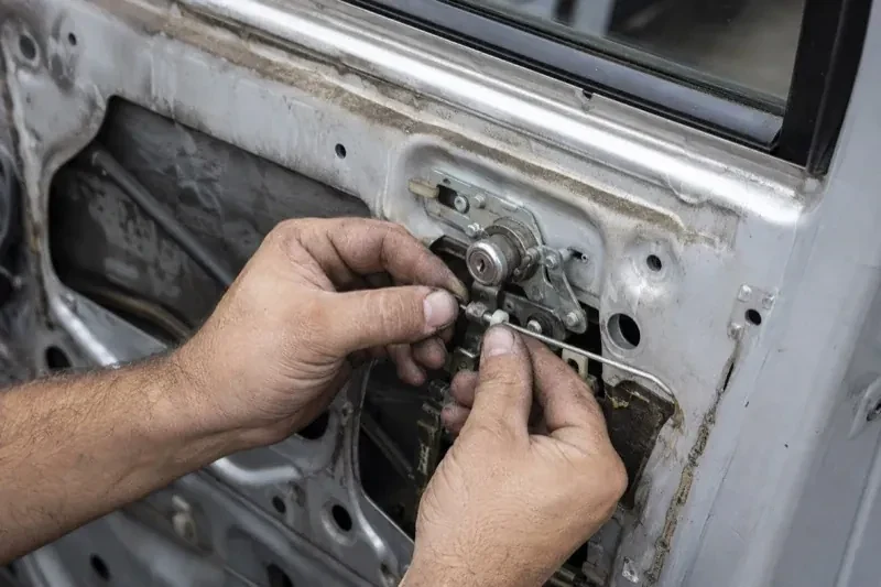 Hands holding a small linkage beside an exposed car-door lock mechanism with the interior trim removed. — Vehicle Lock Repair, Mississauga