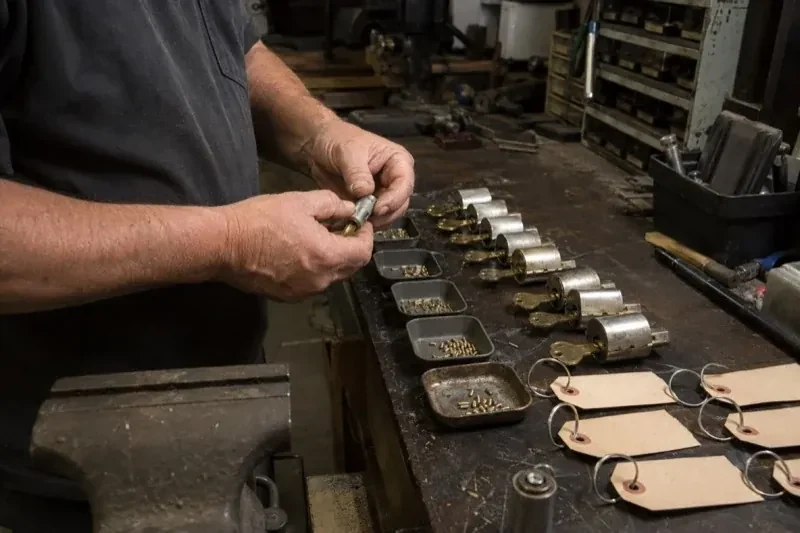 Person handling a lock cylinder at a workbench lined with cylinders, keys, small pin trays and blank key tags. — Commercial Rekeying, Mississauga