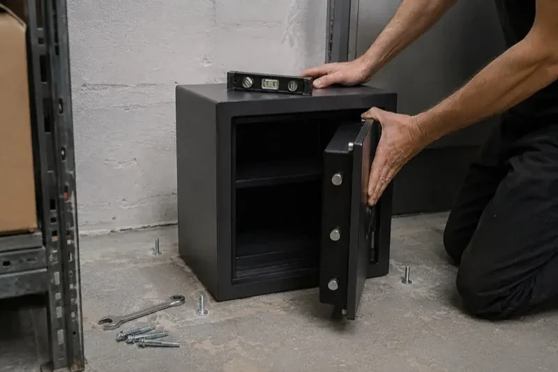 Person kneeling beside an open black safe with a spirit level on top and loose bolts and a wrench on the concrete floor. — Safe Installation & Servicing, Mississauga