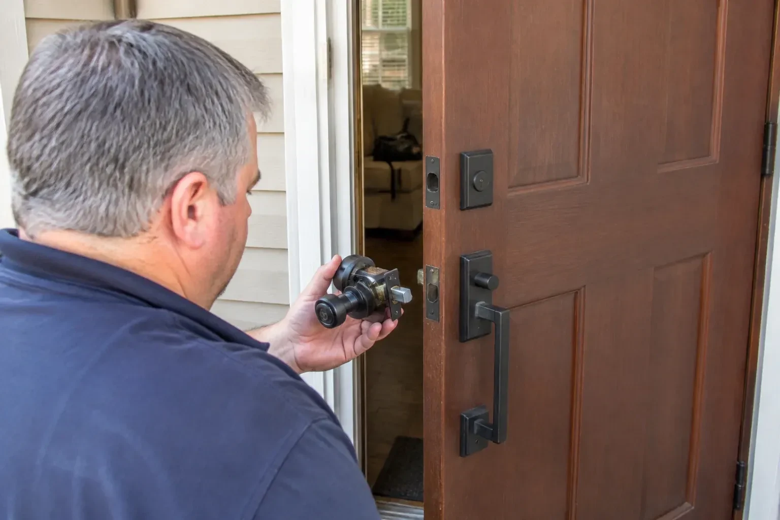 Person holding a removed black lock assembly beside a partly open brown front door with a long black pull handle. — Home Lockout Service, Mississauga