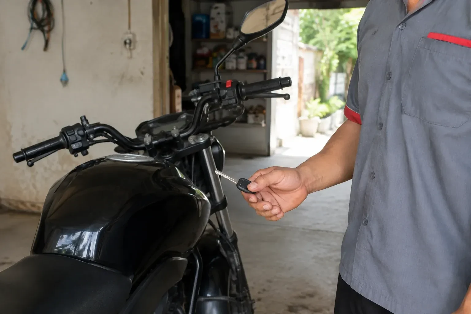 Technician holding a black-headed key beside a parked motorcycle. — Motorcycle & Scooter Keys, Mississauga