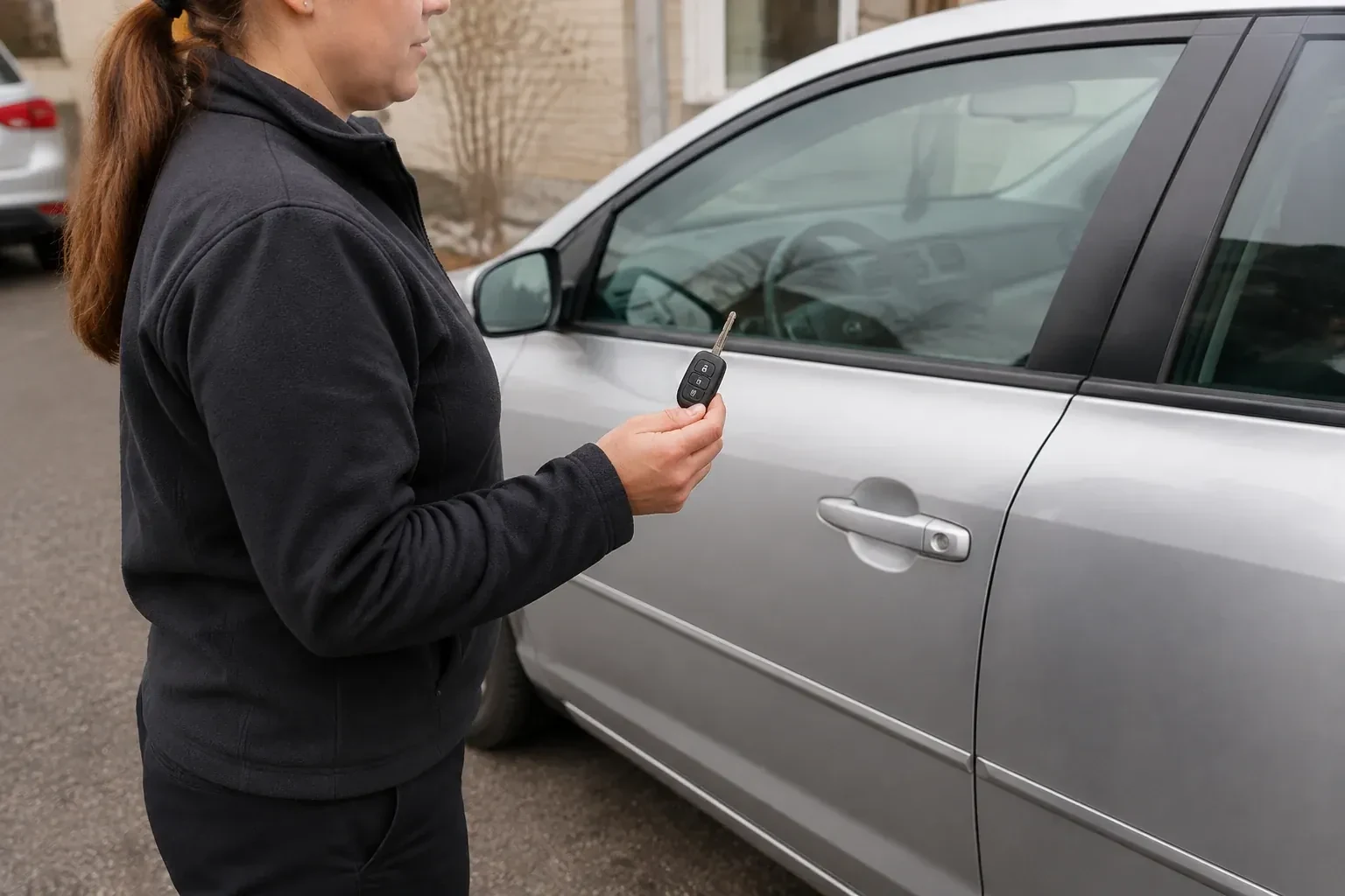 Technician holding a remote key with an extended blade beside a silver car. — Car Key Replacement, Mississauga