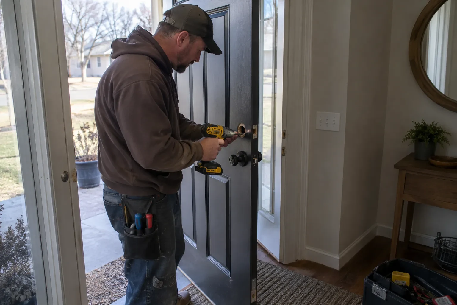 Technician in a cap using a yellow drill at the round bore of a dark door, with a black knob below it.