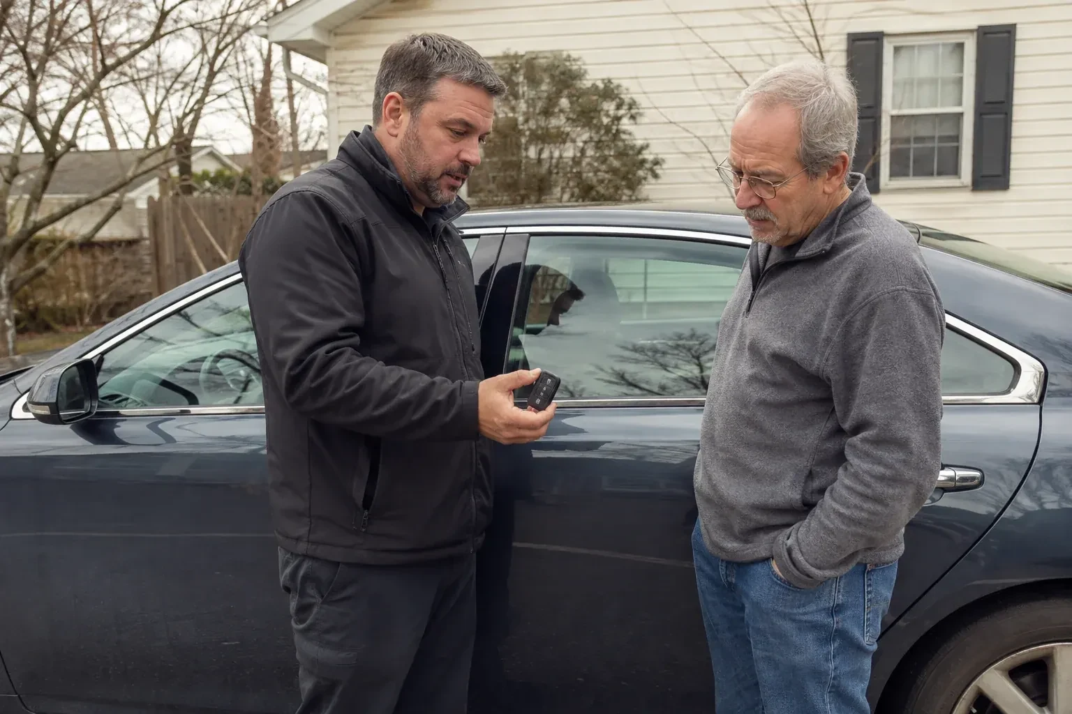 Two people beside a dark sedan, one holding up a black key fob. — Car Lockout Service, Mississauga